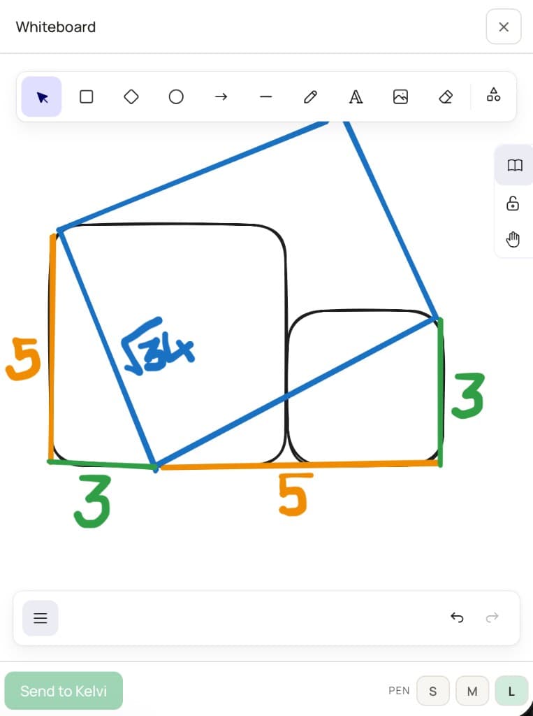 Kelvi whiteboard with a hand-drawn geometry proof and Send to Kelvi